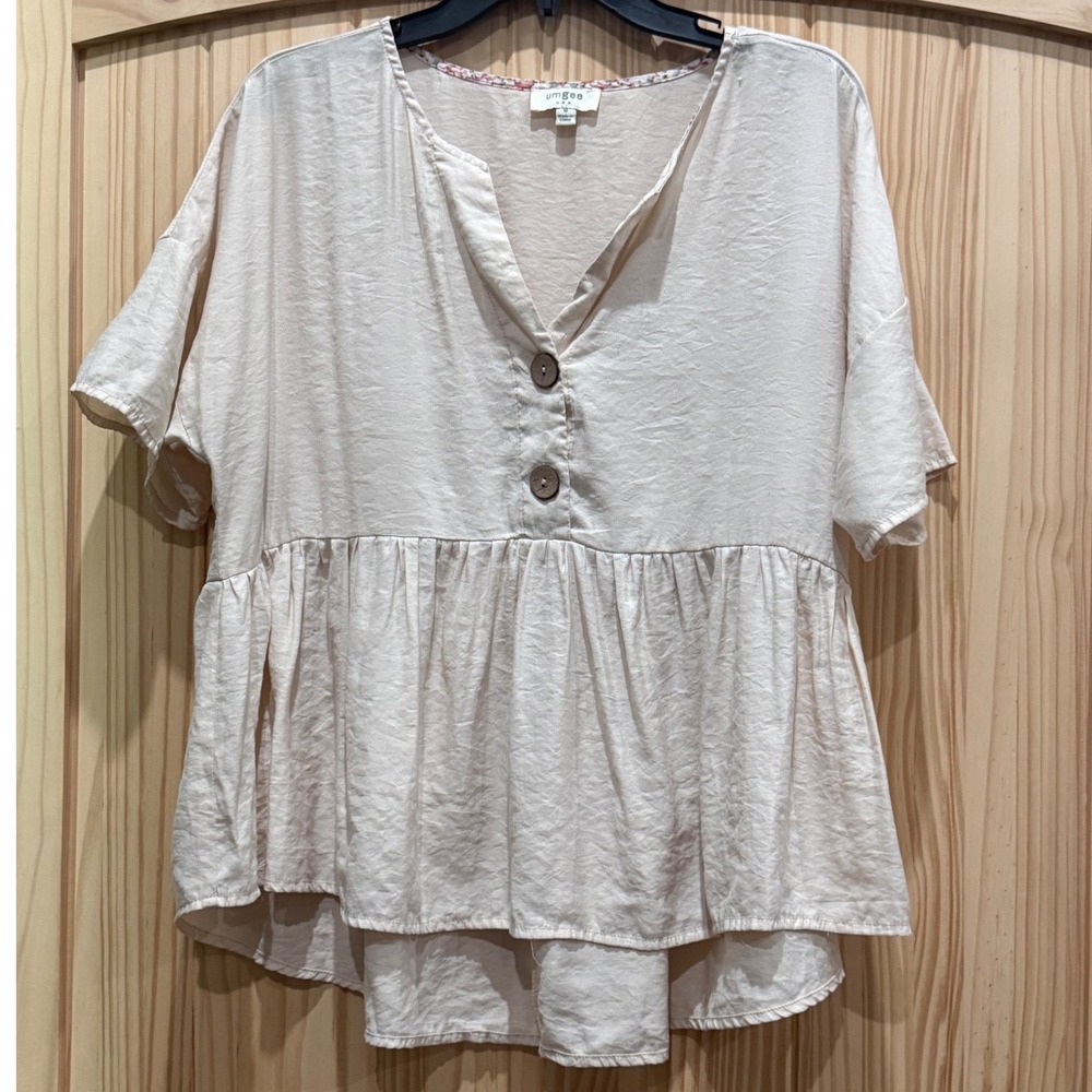 Umgee USA Peach Babydoll Peplum Blouse Short Sleeve Button V-Neck Top K5360 M